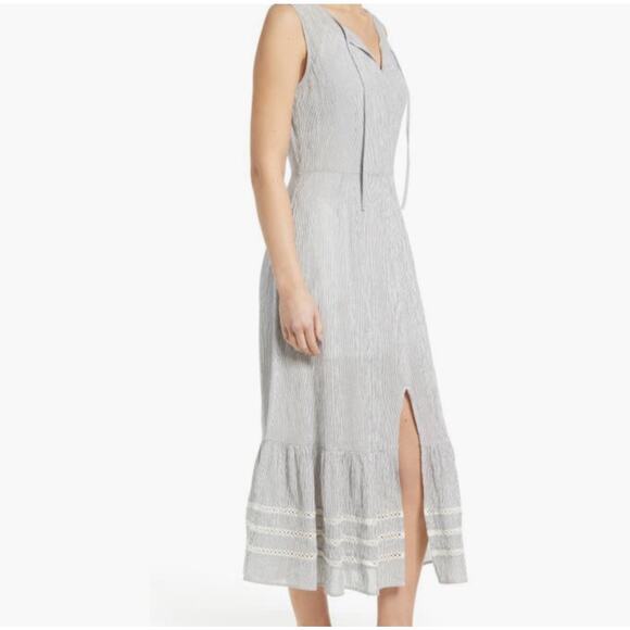 Caslon Striped Cotton Midi Dress Gray White Sleeveless Ruffle Summer M coastal - Picture 1 of 9